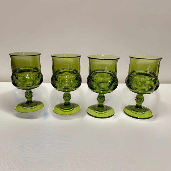 4 Vintage Indiana Glass Kings Crown Thumbprint Goblet Glasses Avocado Green 60s - Picture 1 of 7